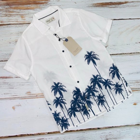 Zara Kids White short sleeved cotton button down with palm tree design Size 8 - Picture 1 of 6